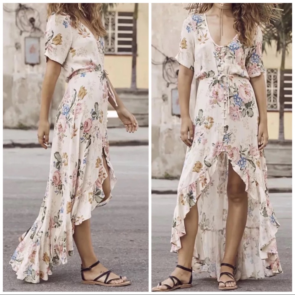 🌸 BOHEMIAN DRESS FLORAL MAXI HILO SWALLOWTAIL BOHO CHIC RUFFLE LONG BUTTON DOWN - Picture 2 of 16